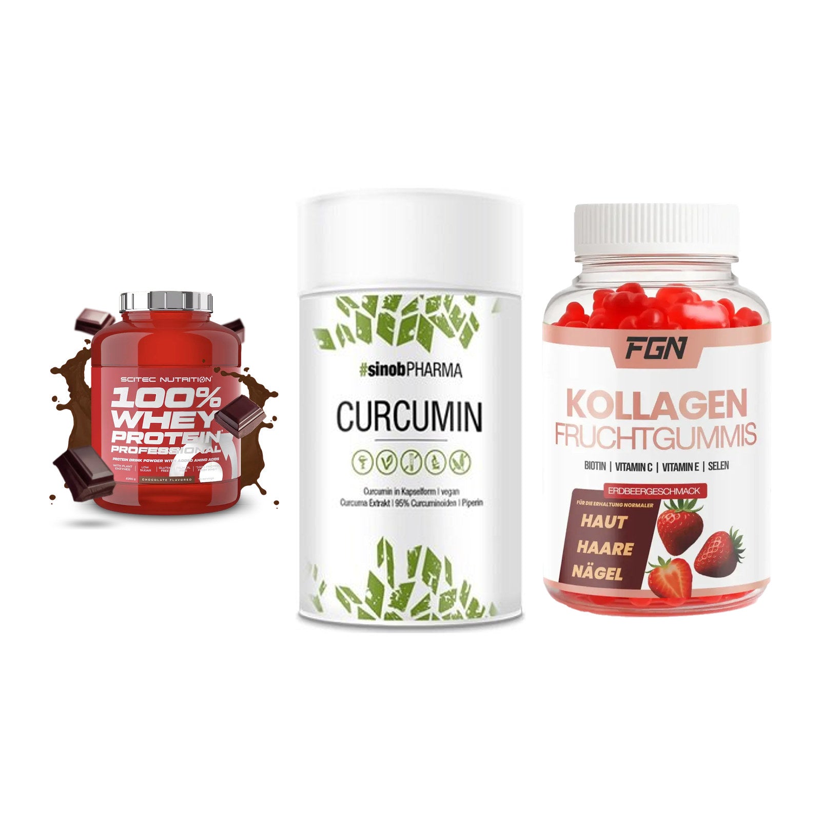 Regenerations-Set: Scitec 100% + Sinob Curcumin + FGN Kollagen 60 – alle enthaltenen Artikel