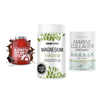 Regenerations-Set: Scitec 100% + Sinob Magnesium + BioTech Marine – alle enthaltenen Artikel