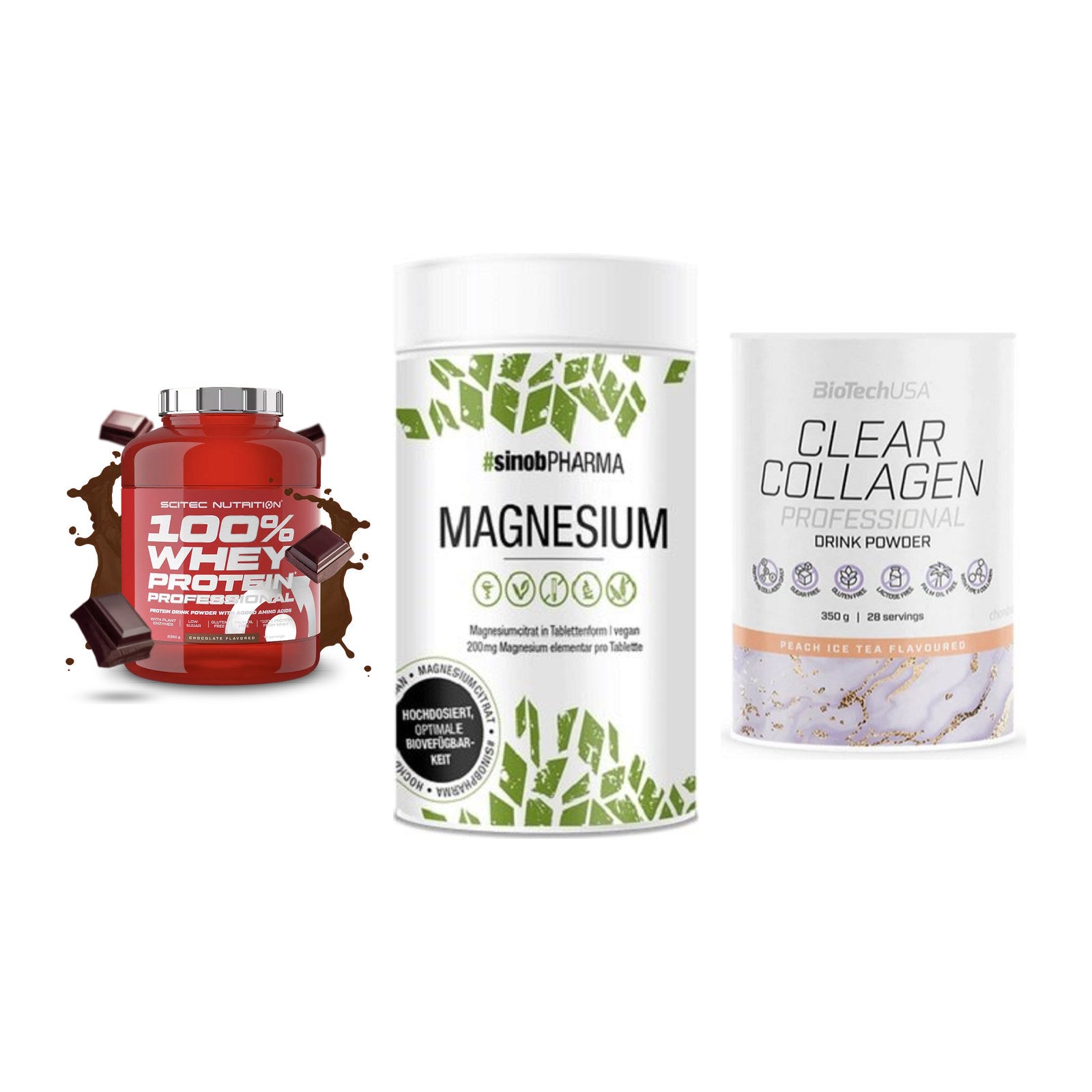 Regenerations-Set: Scitec 100% + Sinob Magnesium + BioTech Clear – alle enthaltenen Artikel