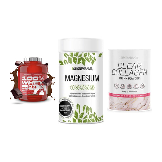 Regenerations-Set: Scitec 100% + Sinob Magnesium + BioTech Clear – alle enthaltenen Artikel