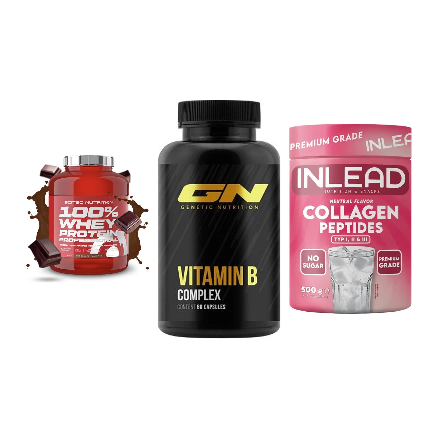 Regenerations-Set: Scitec 100% + GN Vitamin + INLEAD Collagen – alle enthaltenen Artikel