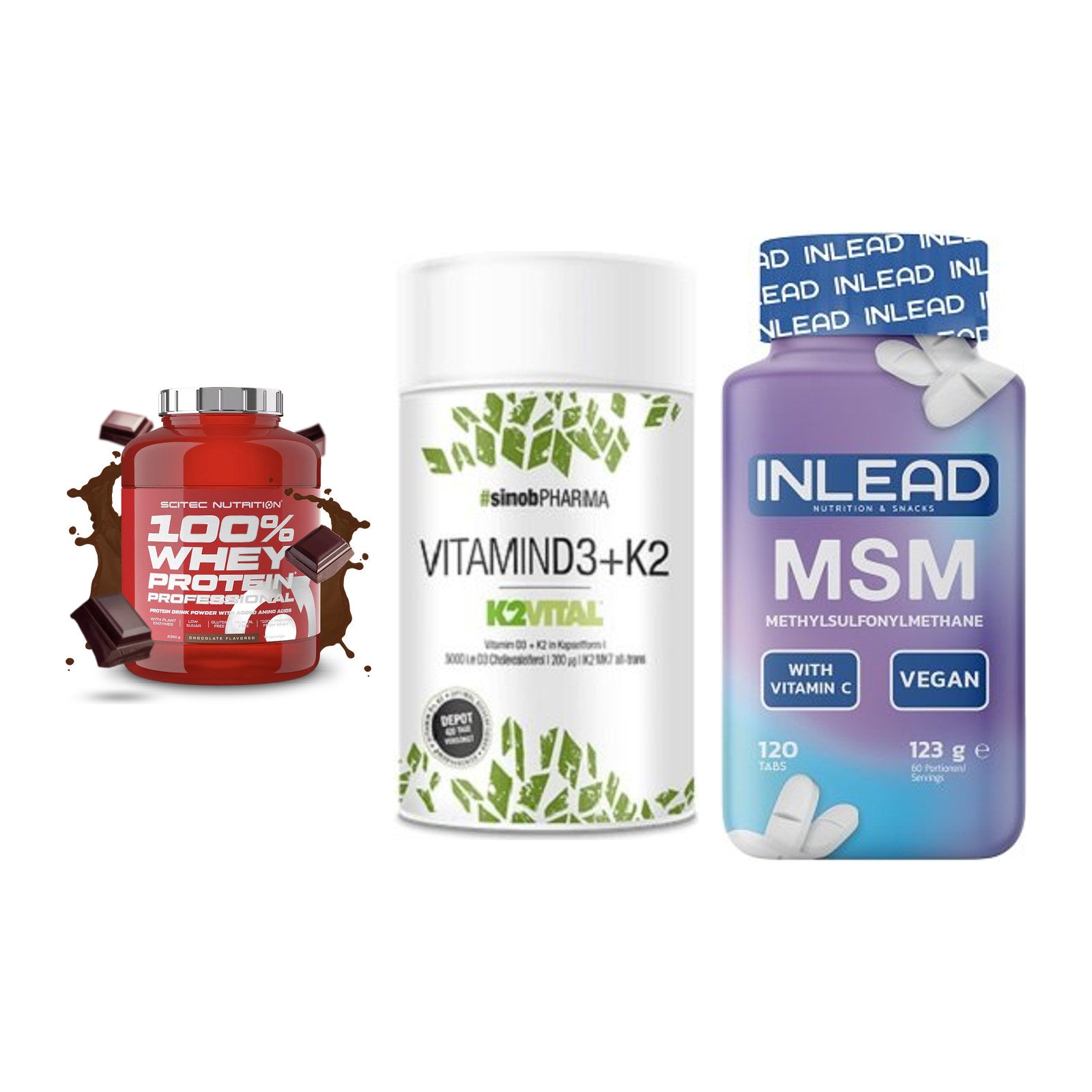Regenerations-Set: Scitec 100% + Sinob Vitamin + INLEAD MSM – alle enthaltenen Artikel