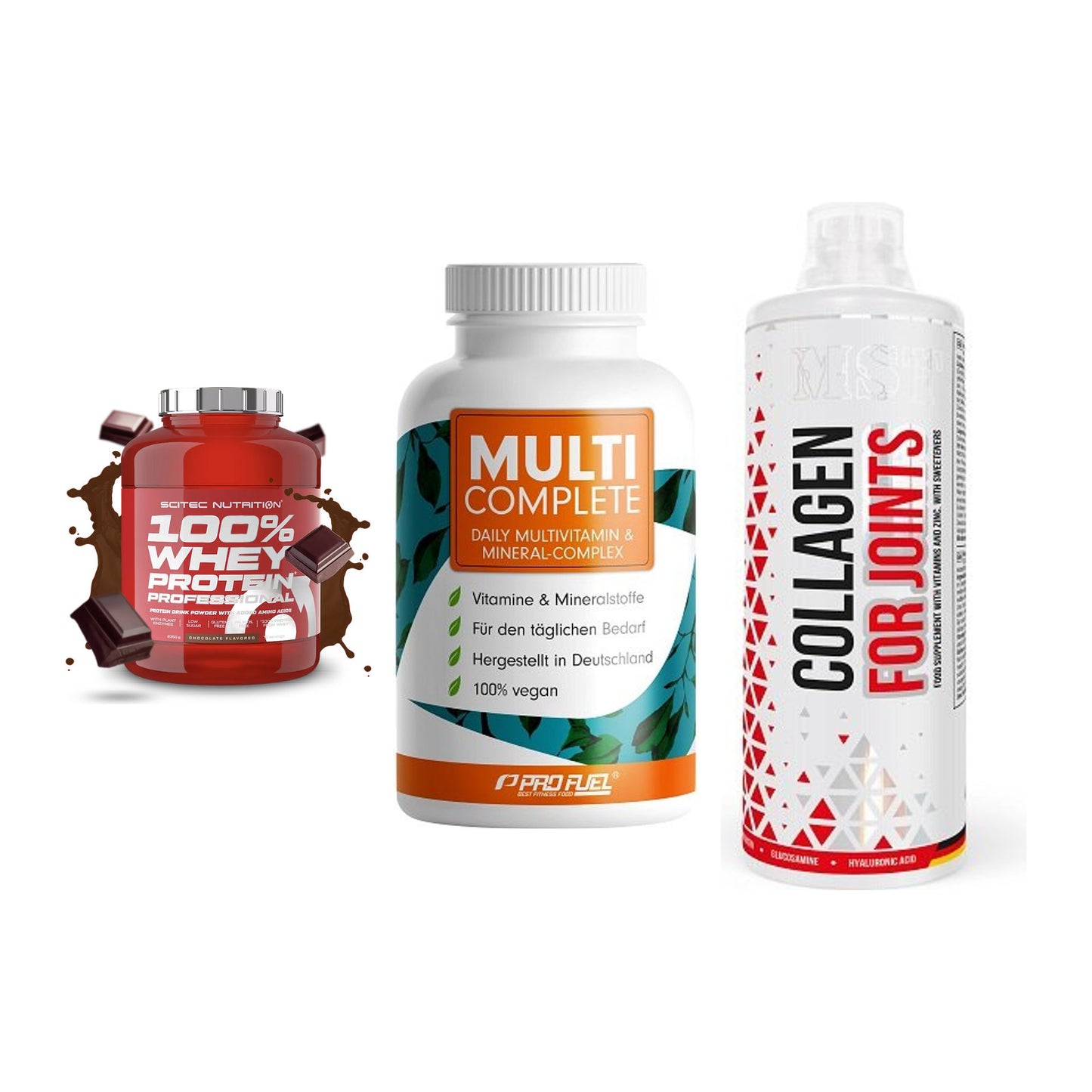 Regenerations-Set: Scitec 100% + ProFuel MULTI + MST Collagen – alle enthaltenen Artikel