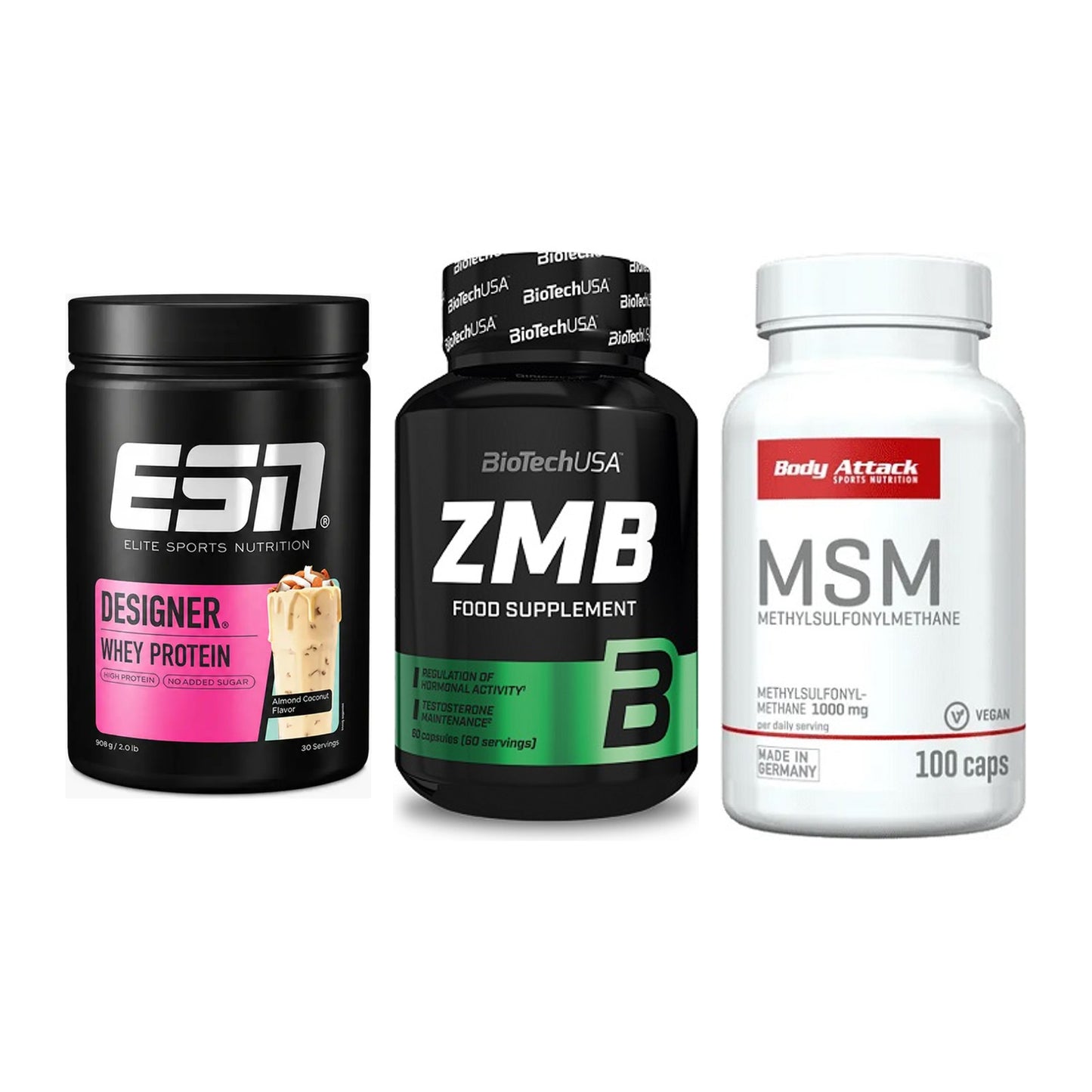Regenerations-Set: ESN Designer Whey + BioTech ZMB + Body Attack MSM – alle enthaltenen Artikel