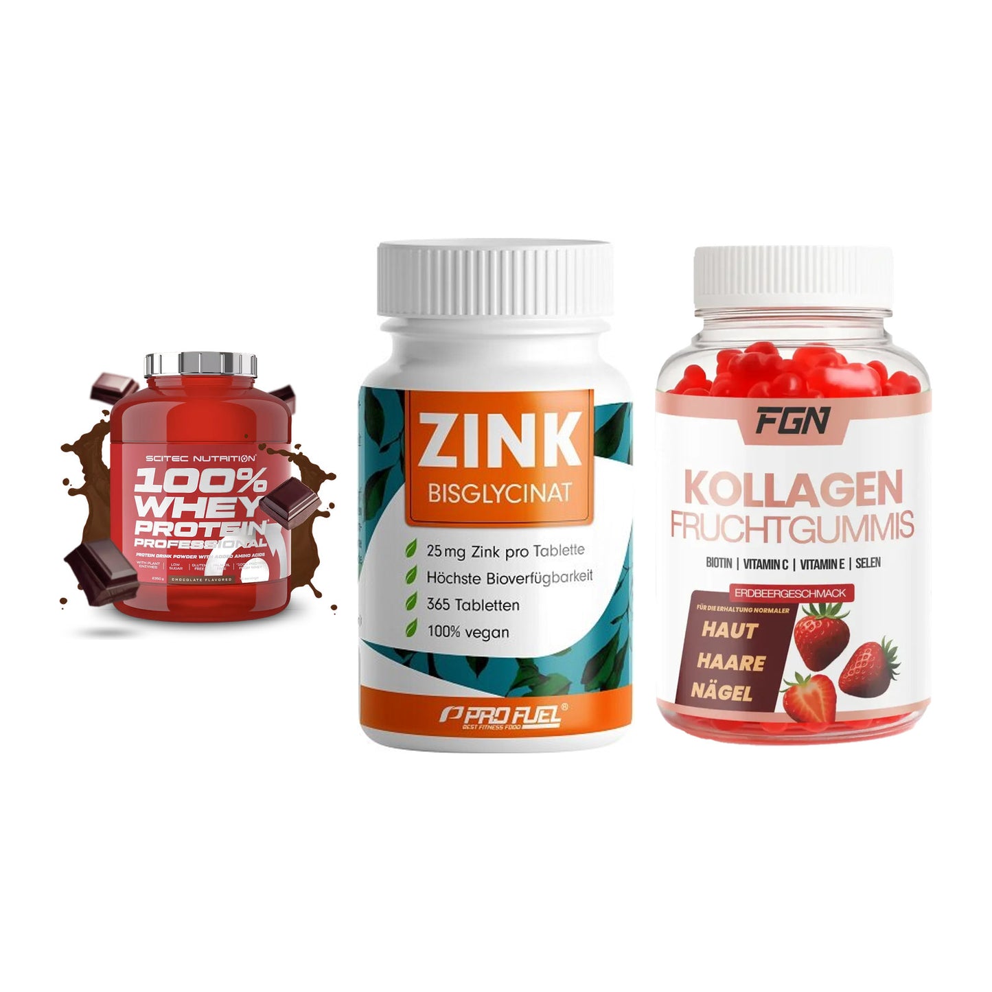 Regenerations-Set: Scitec 100% + ProFuel Zink + FGN Kollagen 60 – alle enthaltenen Artikel