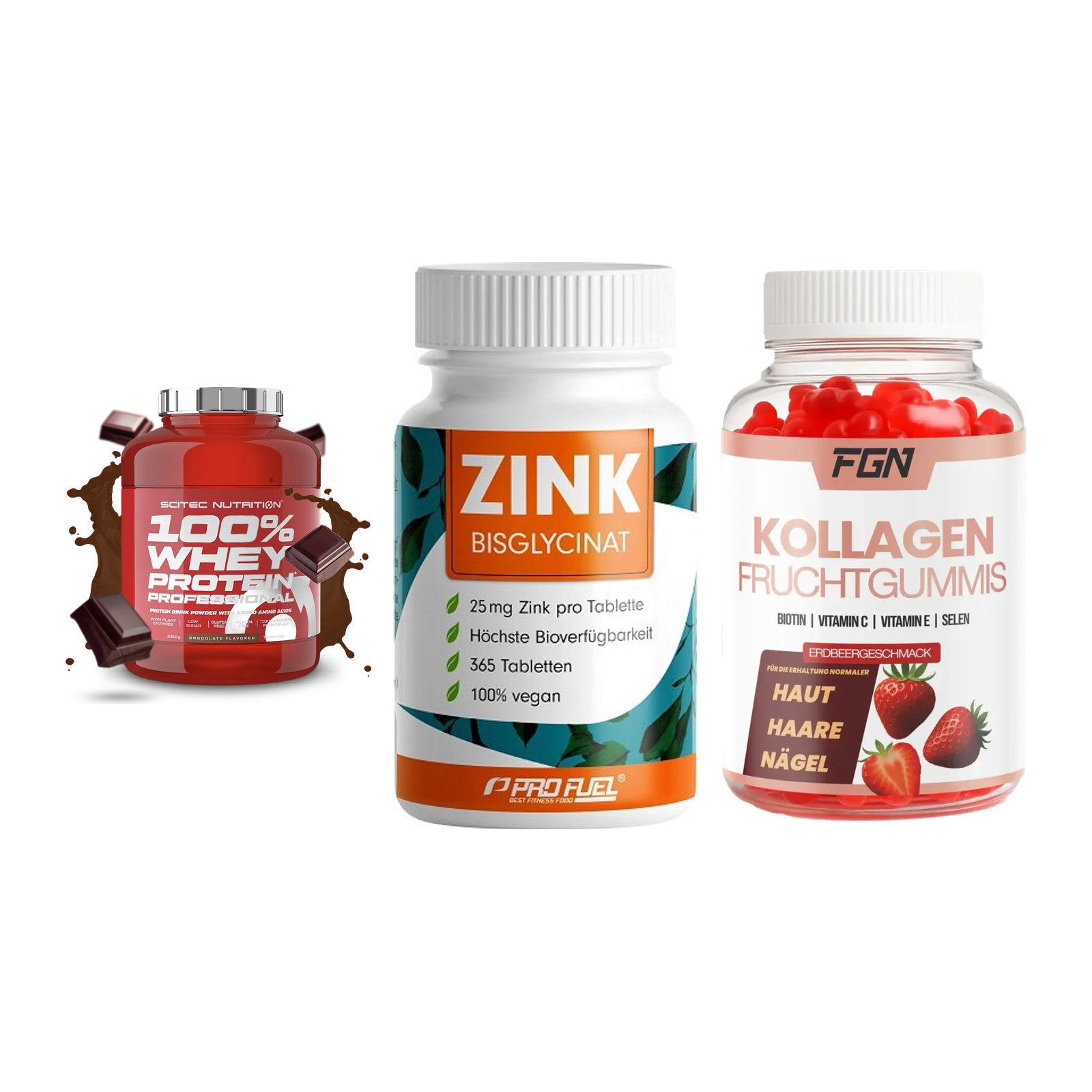 Regenerations-Set: Scitec 100% + ProFuel Zink + FGN Kollagen 60 – alle enthaltenen Artikel