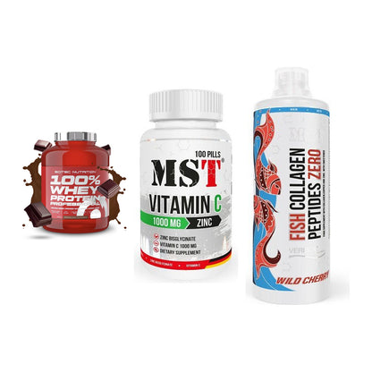 Regenerations-Set: Scitec 100% + MST Vitamin C + MST Fish – alle enthaltenen Artikel