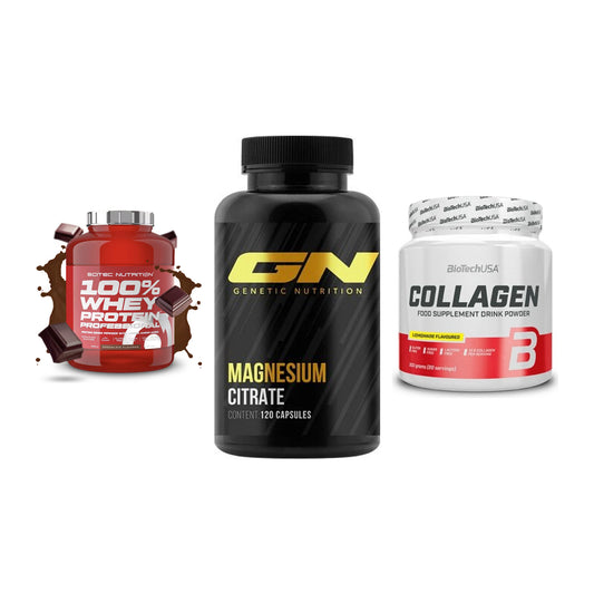 Regenerations-Set: Scitec 100% + GN Magnesium + BioTech Collage – alle enthaltenen Artikel