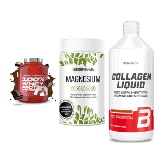 Regenerations-Set: Scitec 100% + Sinob Magnesium + BioTech Collage – alle enthaltenen Artikel