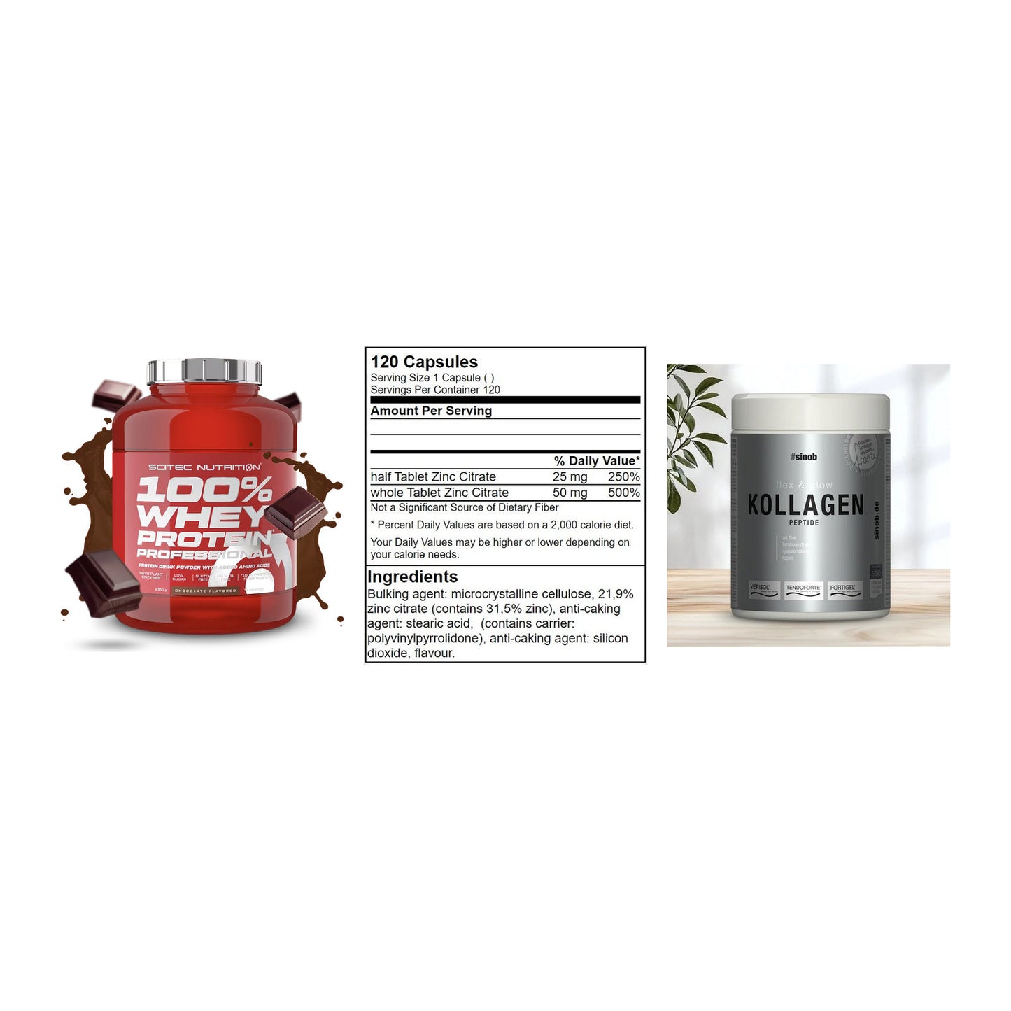 Regenerations-Set: Scitec 100% + GN Zinc Citrate + Sinob Kollagen – alle enthaltenen Artikel