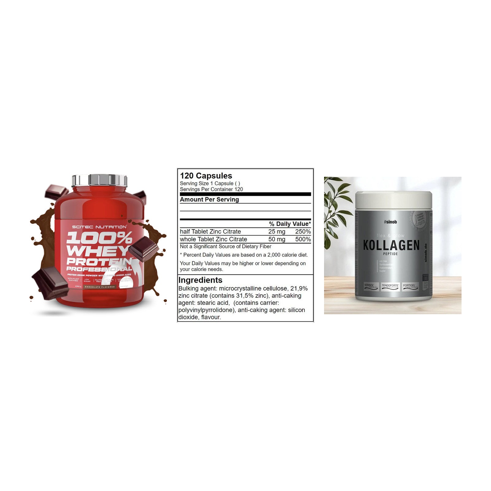 Regenerations-Set: Scitec 100% + GN Zinc Citrate + Sinob Kollagen – alle enthaltenen Artikel