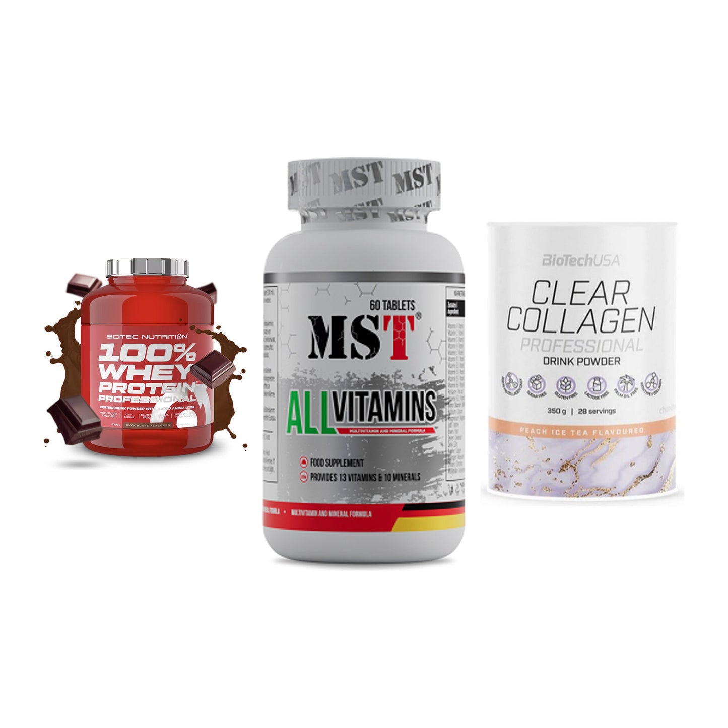 Regenerations-Set: Scitec 100% + MST All Vitamin + BioTech Clear – alle enthaltenen Artikel