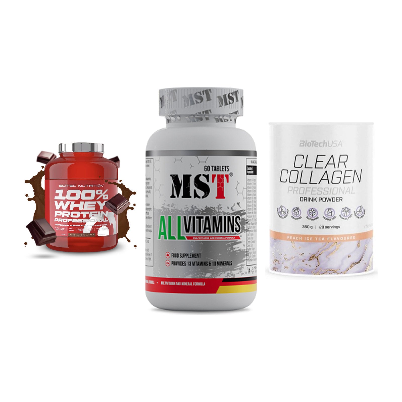 Regenerations-Set: Scitec 100% + MST All Vitamin + BioTech Clear – alle enthaltenen Artikel