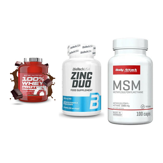 Regenerations-Set: Scitec 100% + BioTech Zinc + Body Attack MSM – alle enthaltenen Artikel