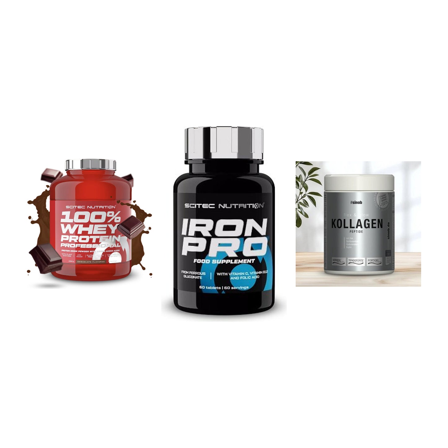 Regenerations-Set: Scitec 100% + Scitec Iron Pro + Sinob Kollagen – alle enthaltenen Artikel