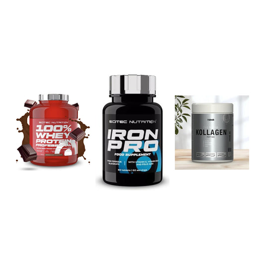 Regenerations-Set: Scitec 100% + Scitec Iron Pro + Sinob Kollagen – alle enthaltenen Artikel