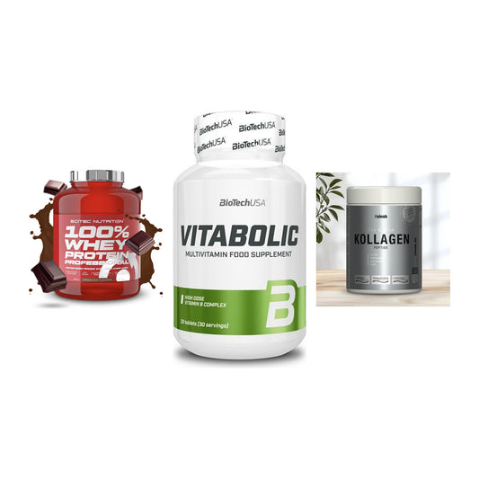 Regenerations-Set: Scitec 100% + BioTech Vitabol + Sinob Kollagen – alle enthaltenen Artikel