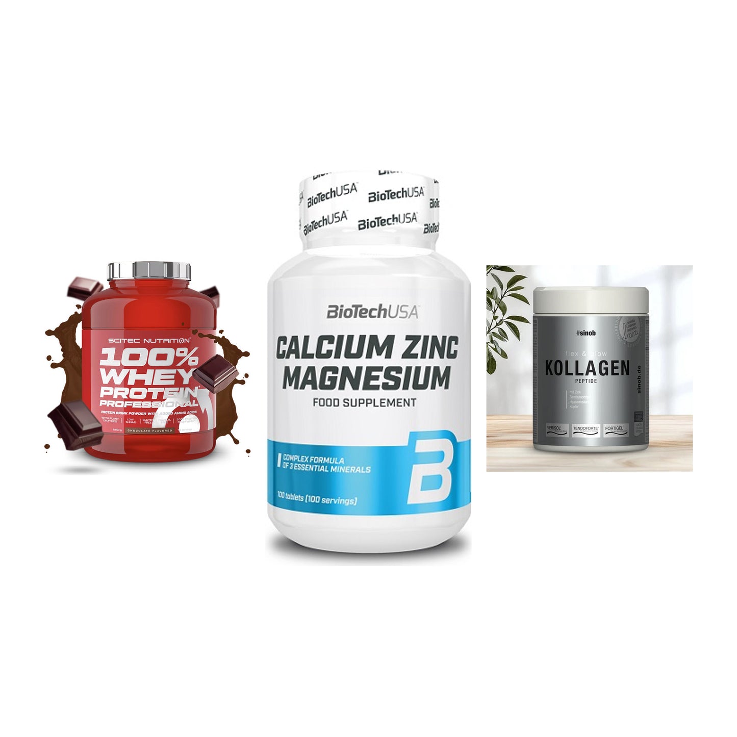 Regenerations-Set: Scitec 100% + BioTech Calcium + Sinob Kollagen – alle enthaltenen Artikel