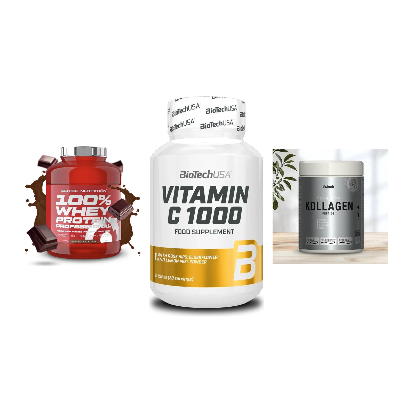 Regenerations-Set: Scitec 100% + BioTech Vitamin + Sinob Kollagen – alle enthaltenen Artikel