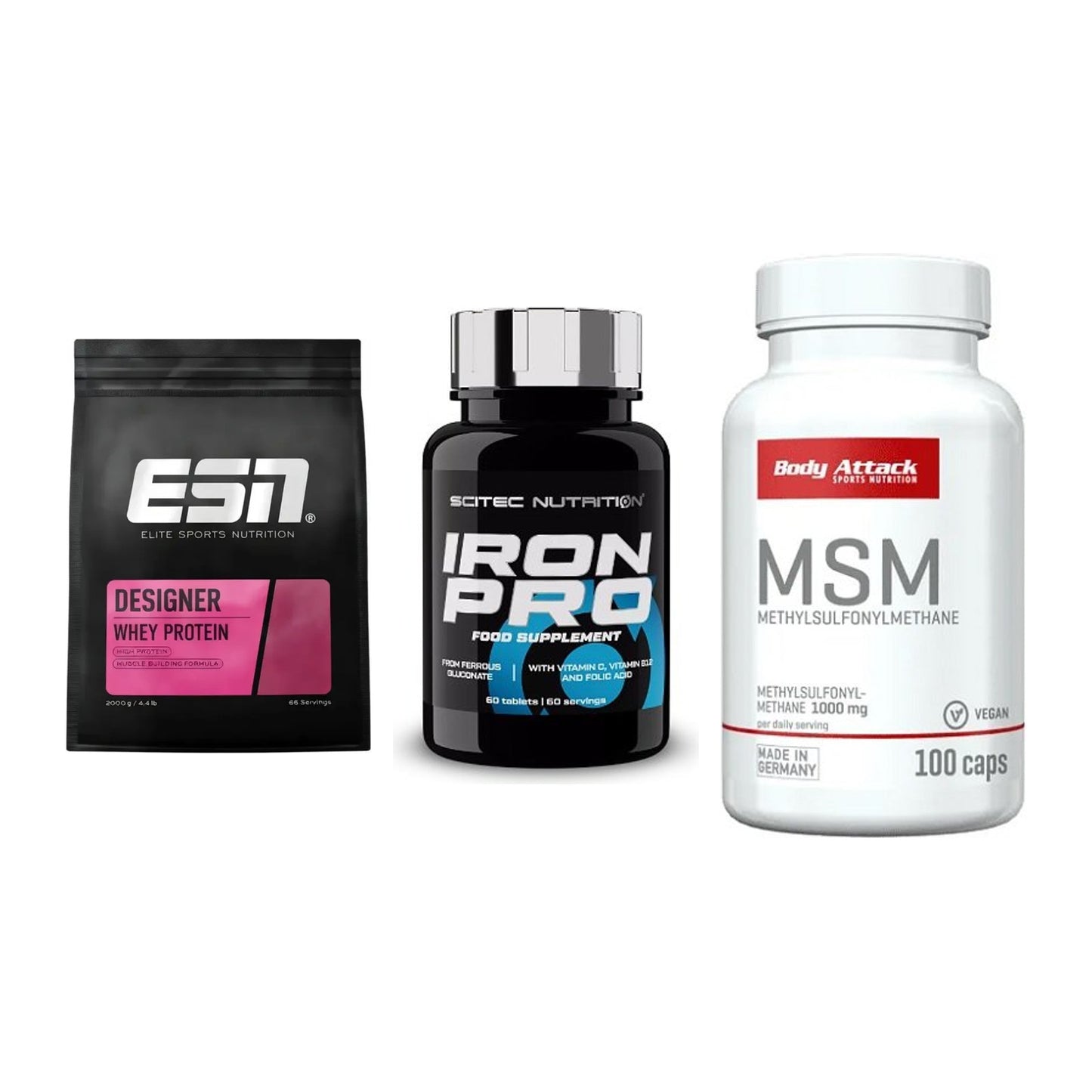 Regenerations-Set: ESN Designer + Scitec Iron Pro + Body Attack MSM – alle enthaltenen Artikel