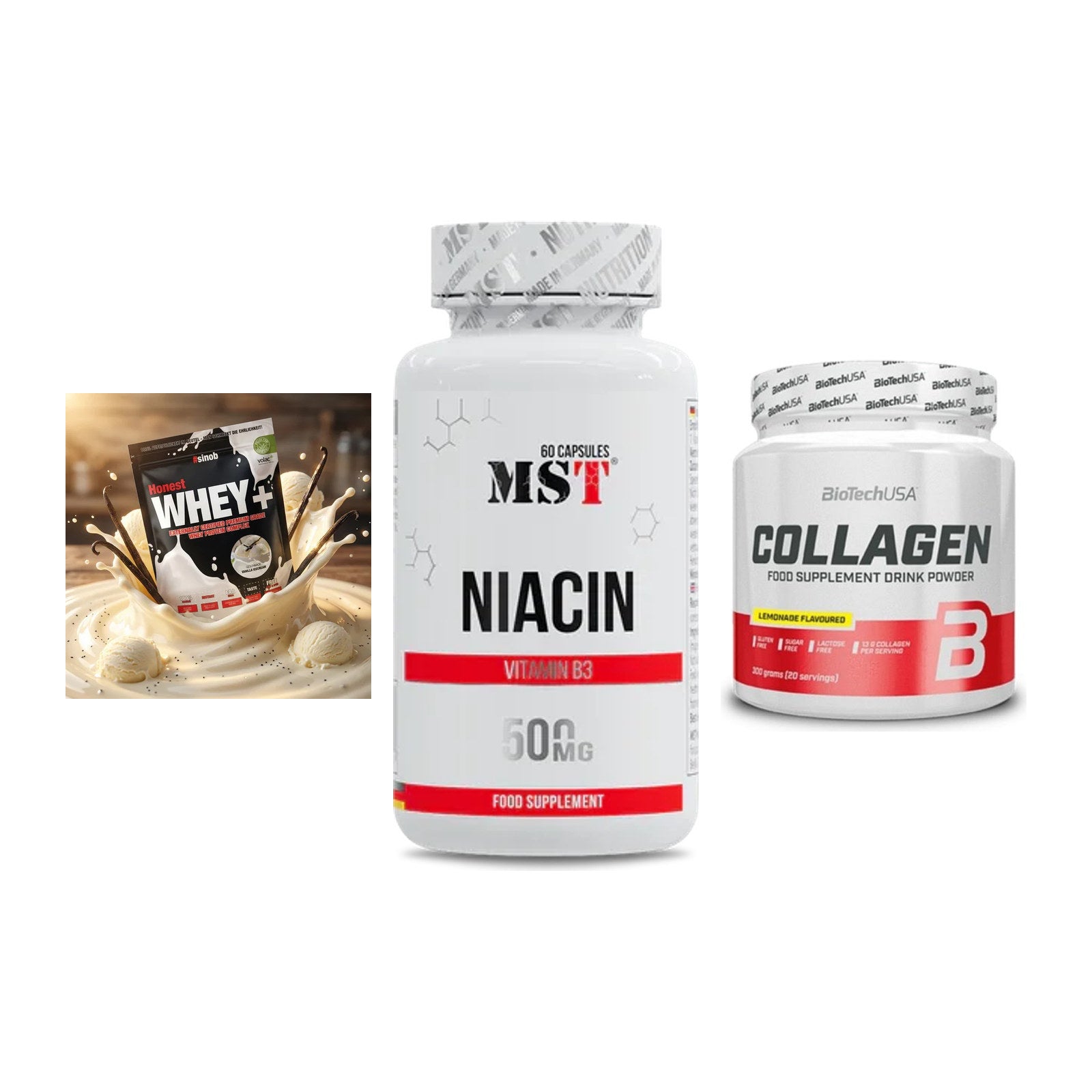 Regenerations-Set: Sinob Honest Whey+ + MST Niacin + BioTech Collagen – alle enthaltenen Artikel