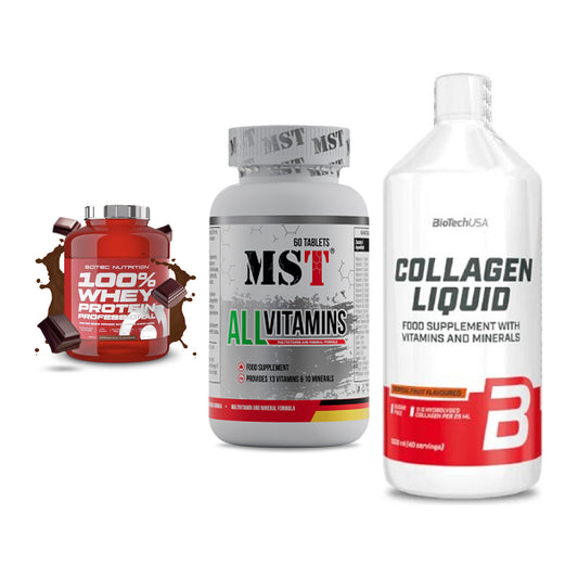 Regenerations-Set: Scitec 100% + MST All Vitamin + BioTech Collage – alle enthaltenen Artikel