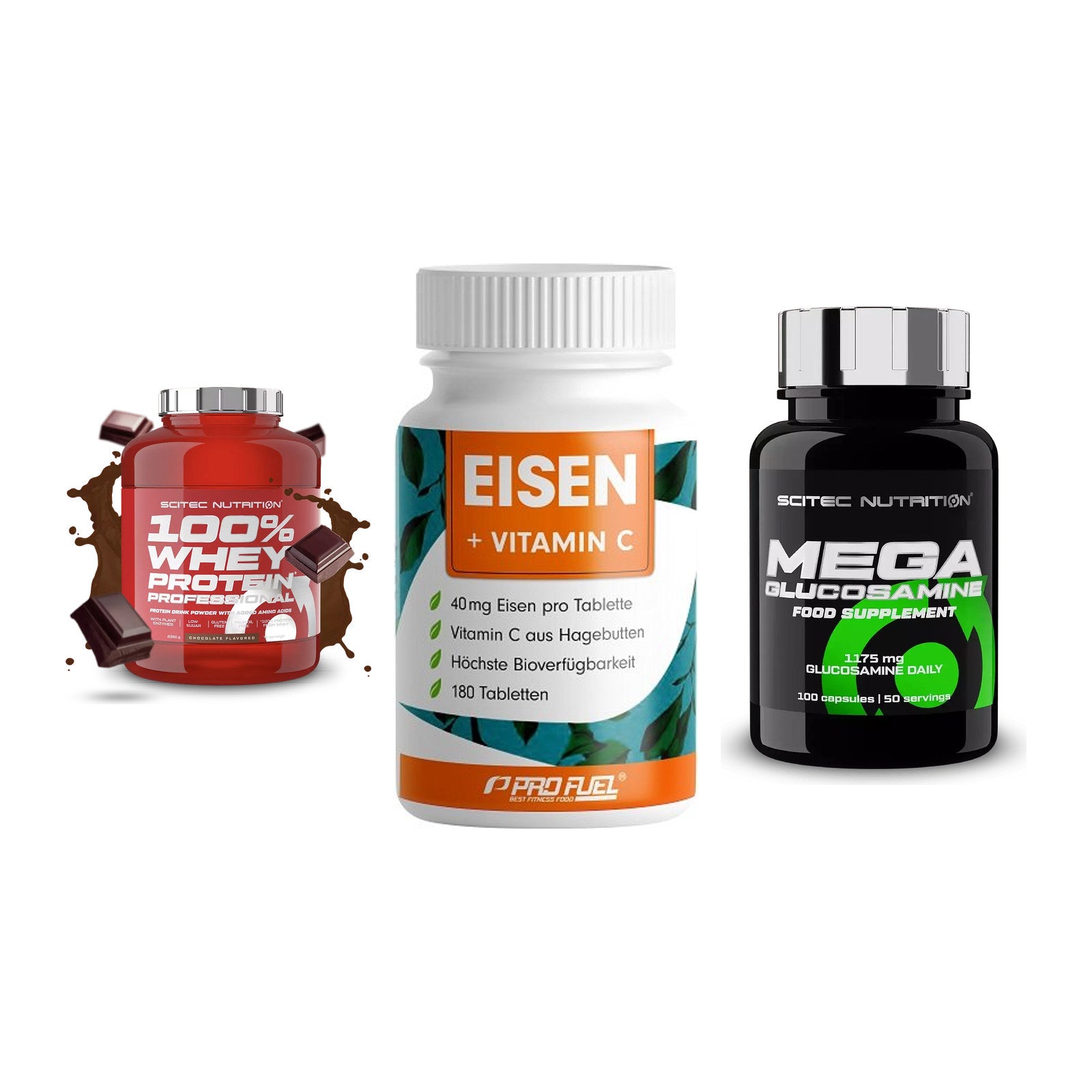 Regenerations-Set: Scitec 100% + ProFuel EISEN + Scitec Mega – alle enthaltenen Artikel
