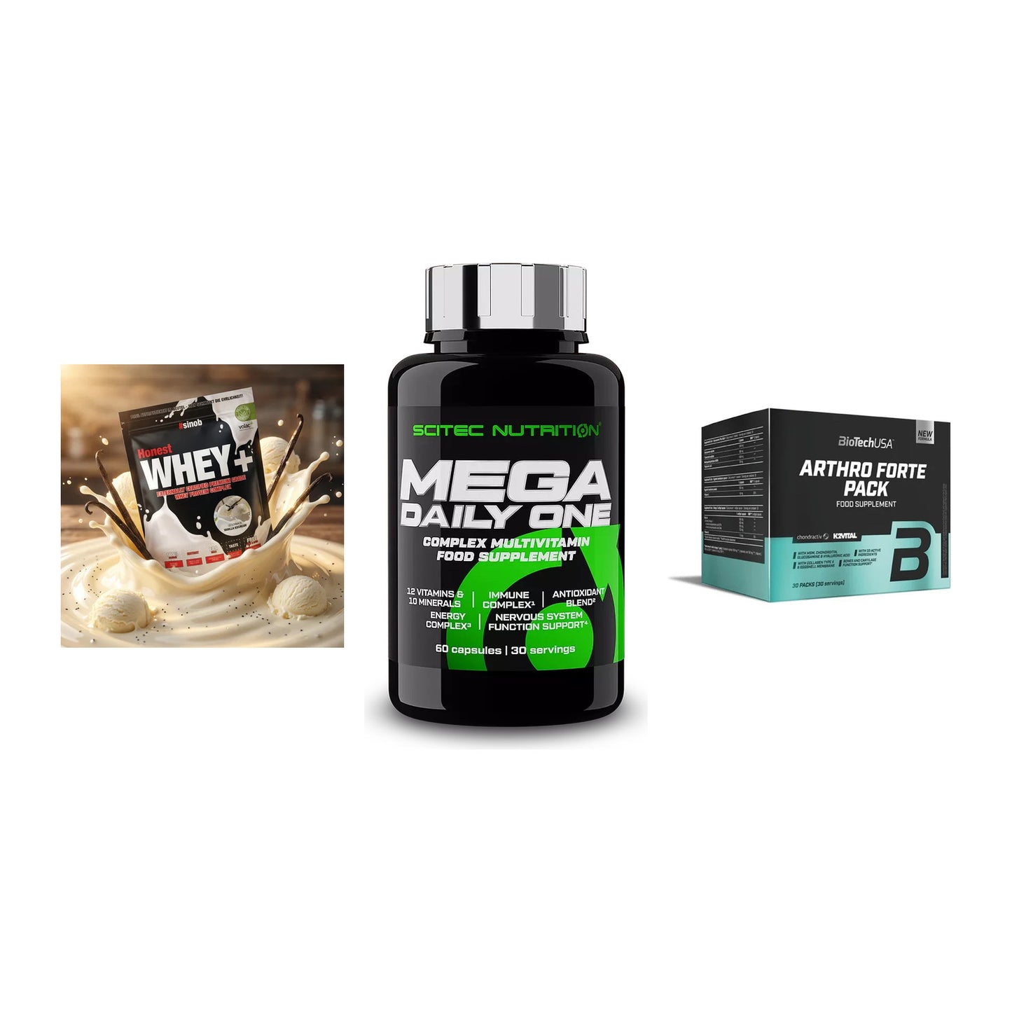 Regenerations-Set: Sinob Honest + Scitec Mega + BioTech Arthro – alle enthaltenen Artikel