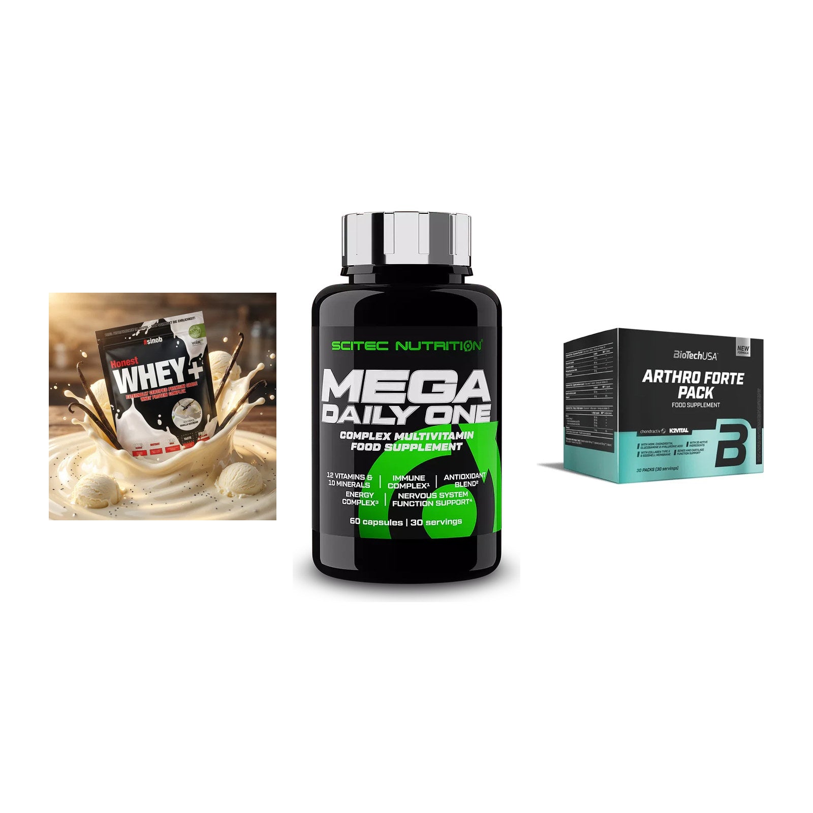Regenerations-Set: Sinob Honest + Scitec Mega + BioTech Arthro – alle enthaltenen Artikel