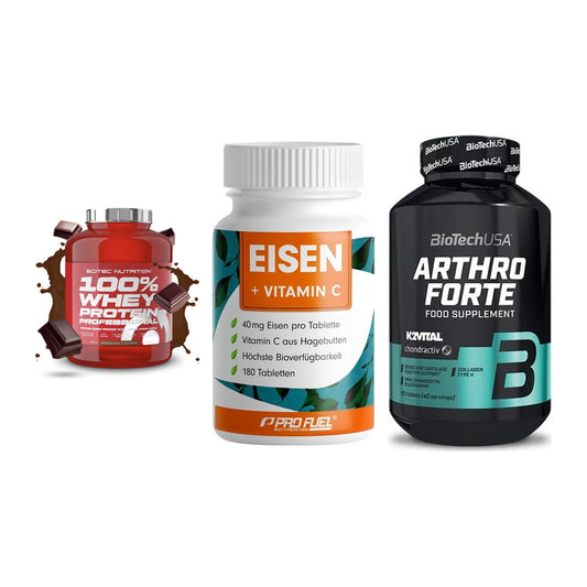 Regenerations-Set: Scitec 100% + ProFuel EISEN + BioTech Arthro – alle enthaltenen Artikel