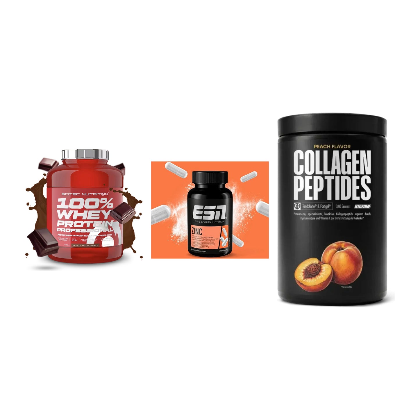 Regenerations-Set: Scitec 100% + ESN Zinc + Big Zone – alle enthaltenen Artikel
