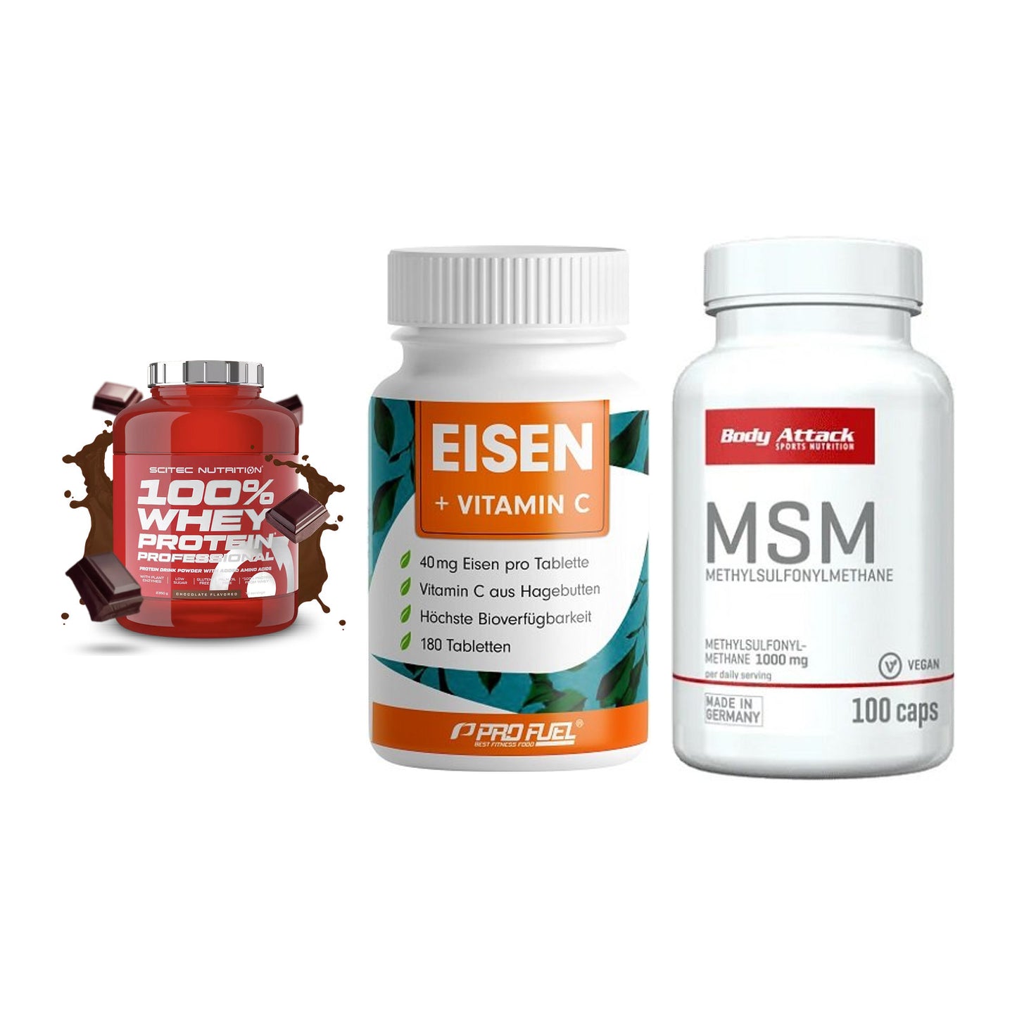 Regenerations-Set: Scitec 100% + ProFuel EISEN + Body Attack MSM – alle enthaltenen Artikel