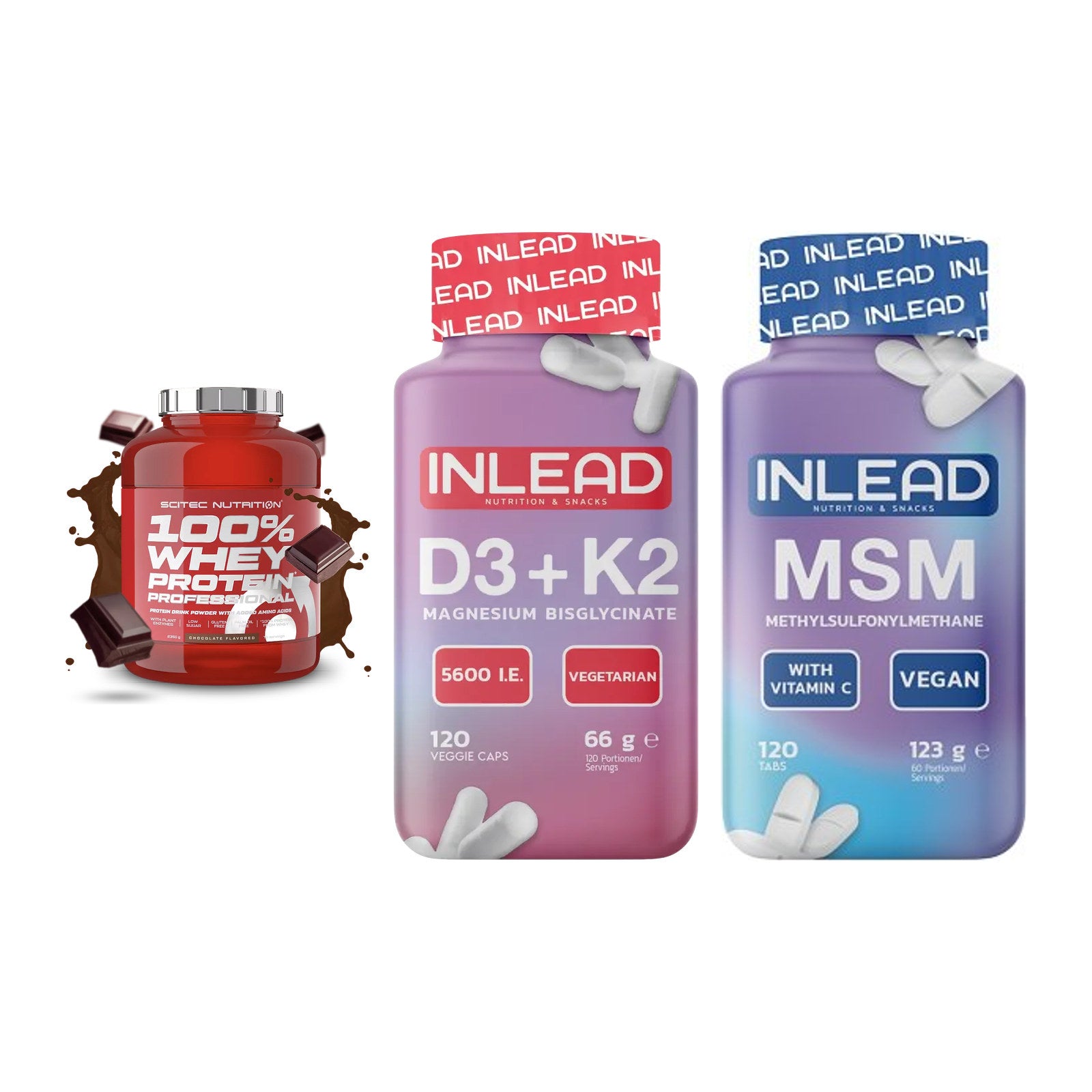 Regenerations-Set: Scitec 100% + INLEAD Vitamin + INLEAD MSM – alle enthaltenen Artikel