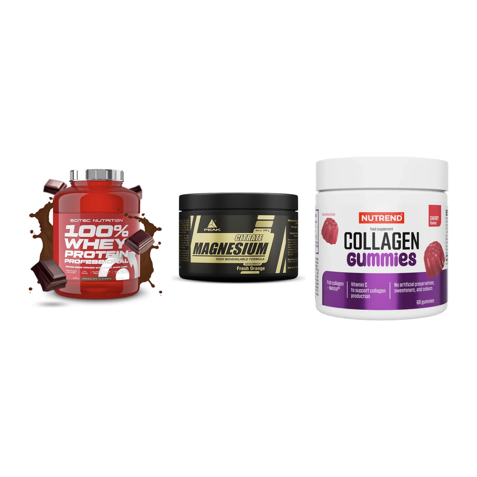 Regenerations-Set: Scitec 100% + Peak Magnesium + Nutrend Collage – alle enthaltenen Artikel