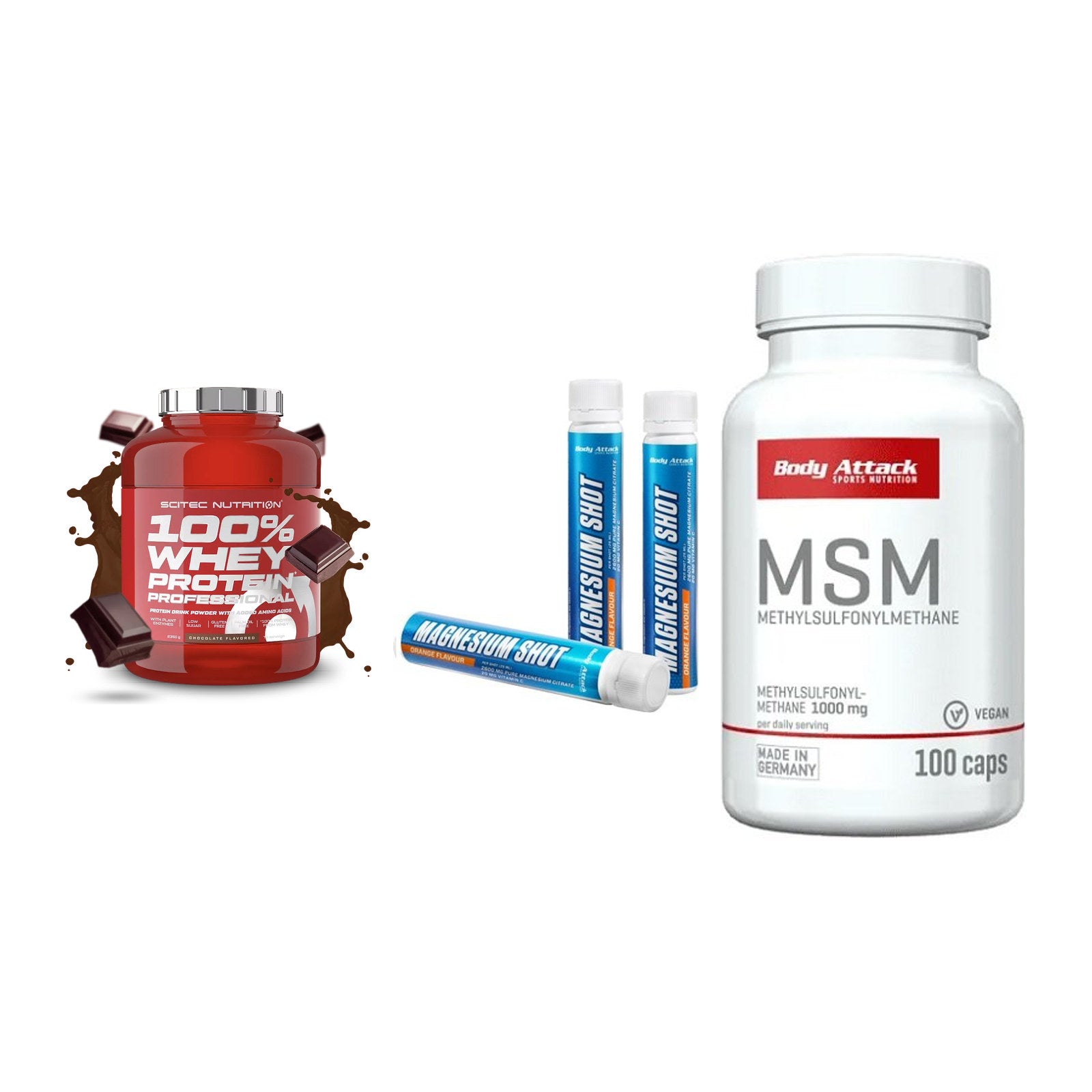 Regenerations-Set: Scitec 100% + Body Attack + Body Attack MSM – alle enthaltenen Artikel