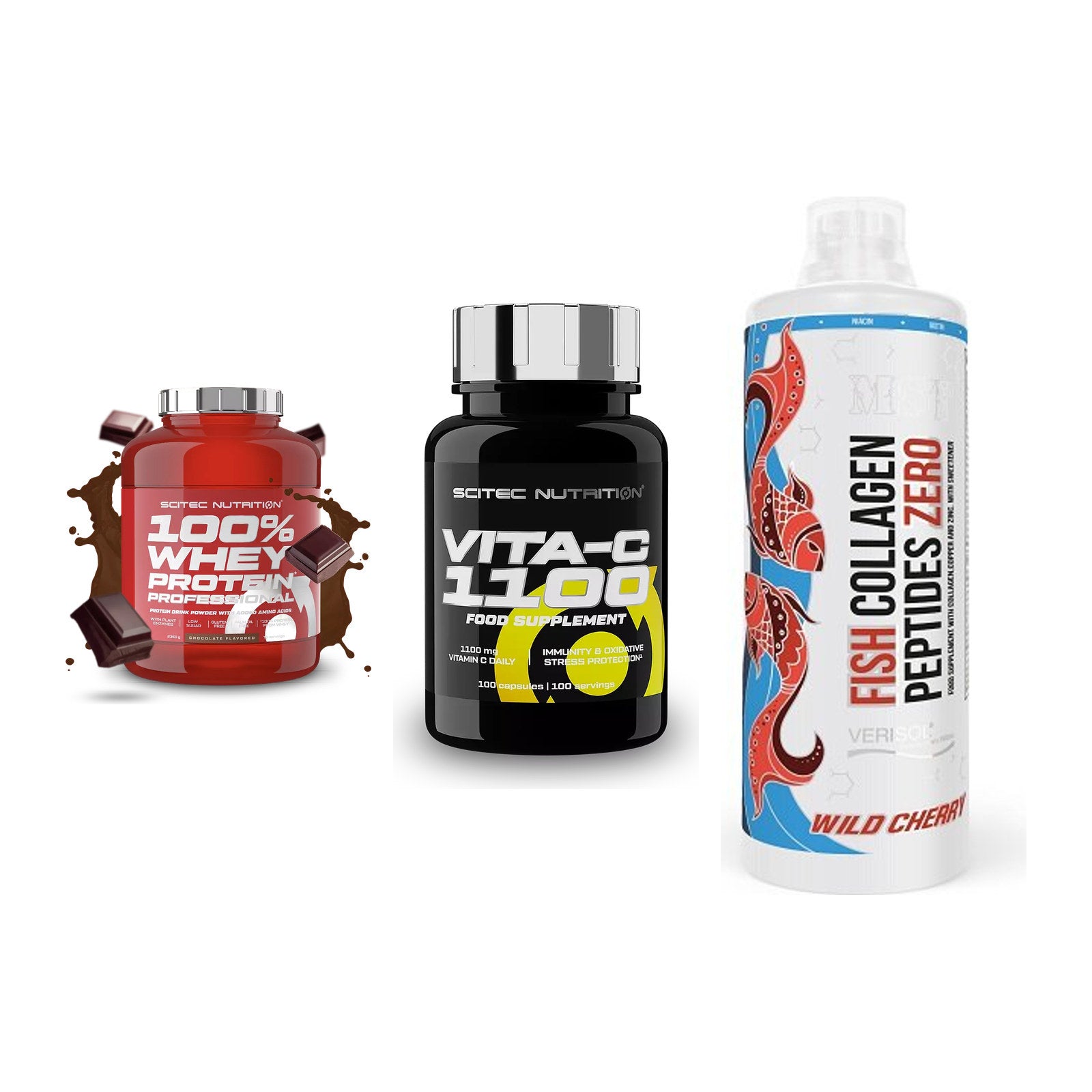 Regenerations-Set: Scitec 100% + Scitec Vitamin + MST Fish – alle enthaltenen Artikel