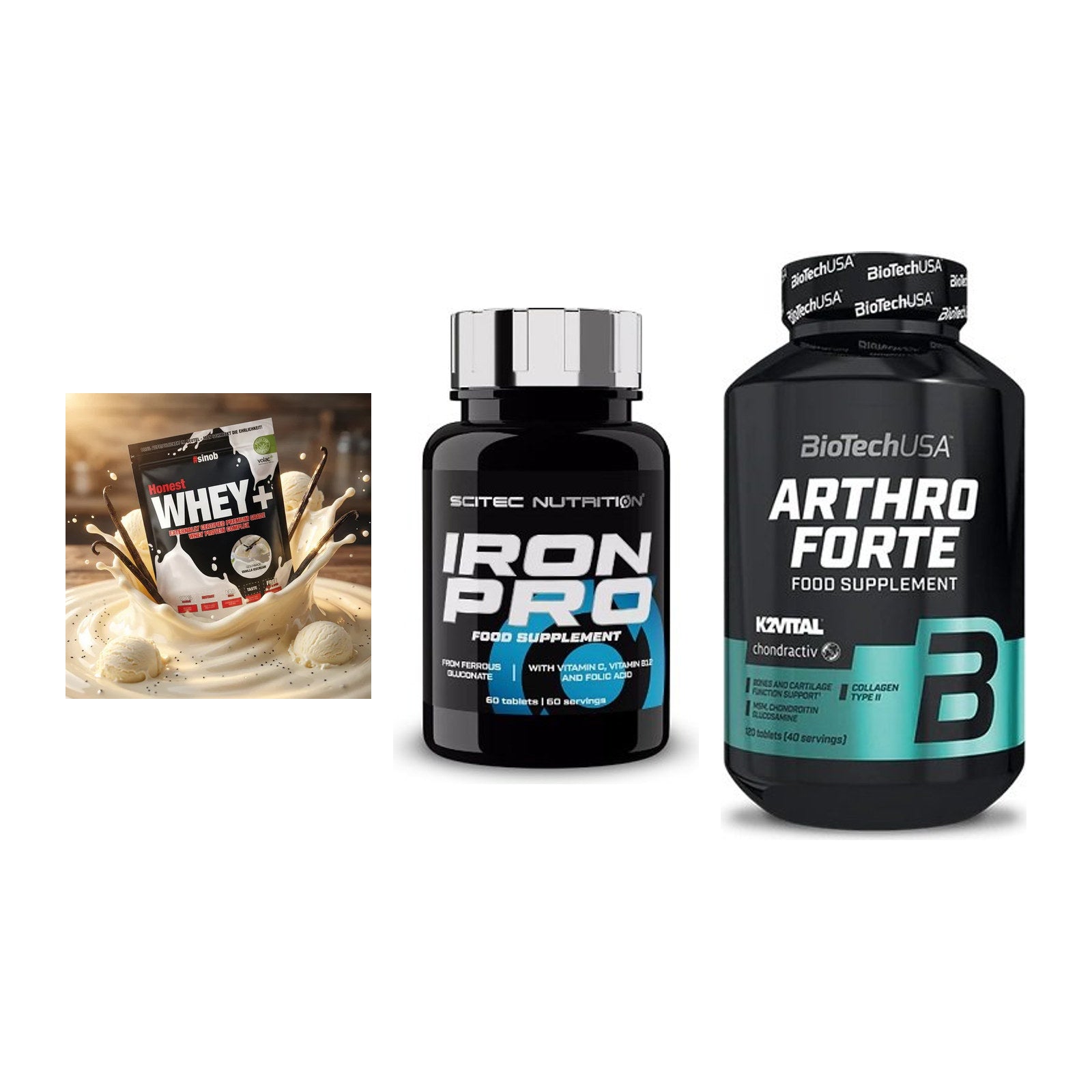Regenerations-Set: Sinob Honest + Scitec Iron Pro + BioTech Arthro – alle enthaltenen Artikel