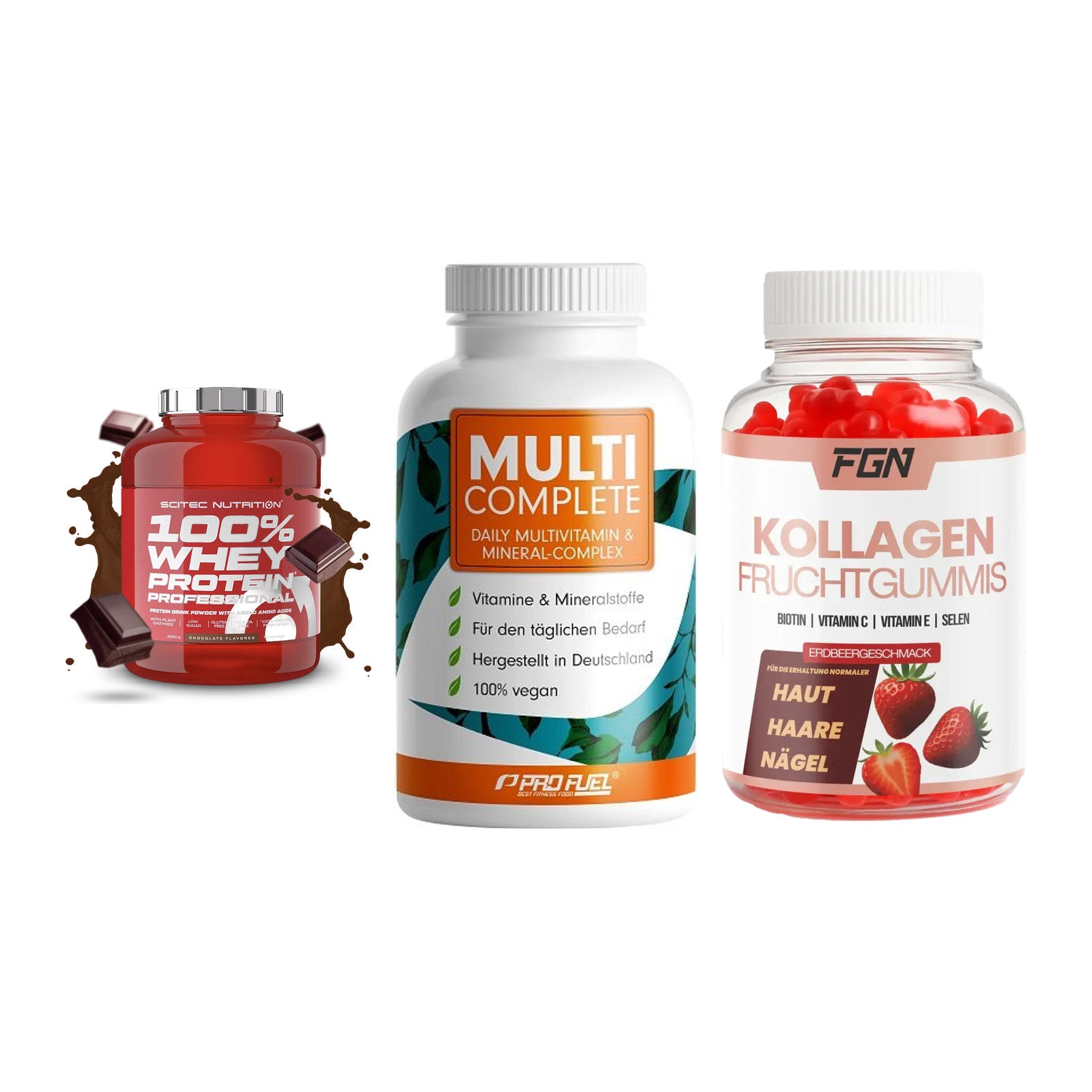 Regenerations-Set: Scitec 100% + ProFuel MULTI + FGN Kollagen 60 – alle enthaltenen Artikel