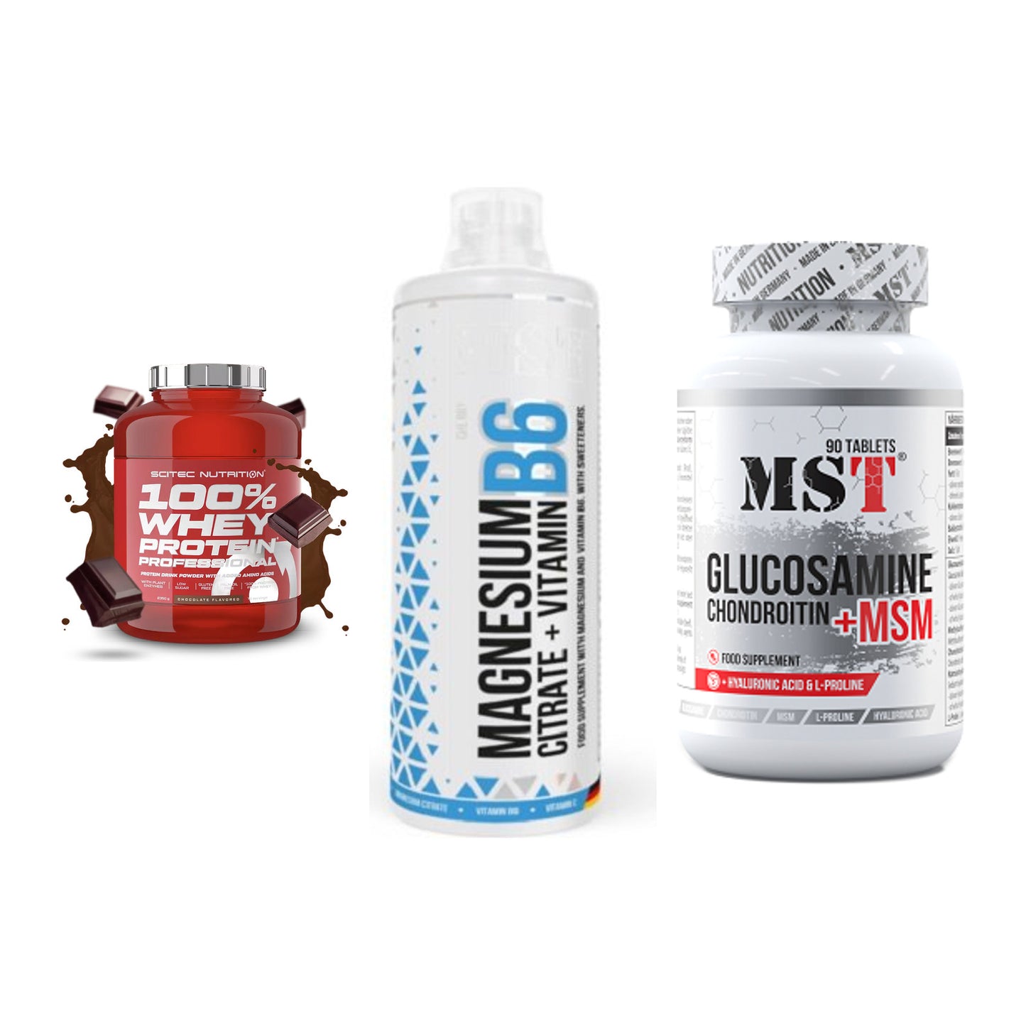 Regenerations-Set: Scitec 100% + MST Magnesium + MST Glucosamine – alle enthaltenen Artikel