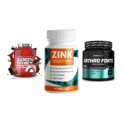 Regenerations-Set: Scitec 100% + ProFuel Zink + BioTech Arthro – alle enthaltenen Artikel