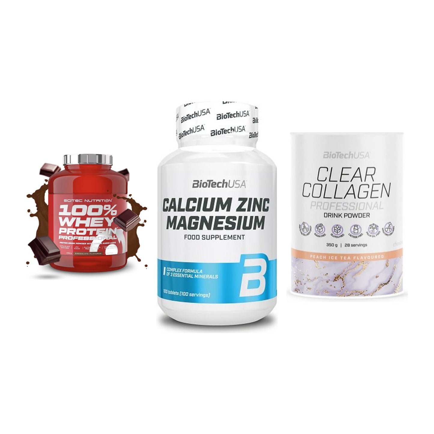 Regenerations-Set: Scitec 100% + BioTech Calcium + BioTech Clear – alle enthaltenen Artikel
