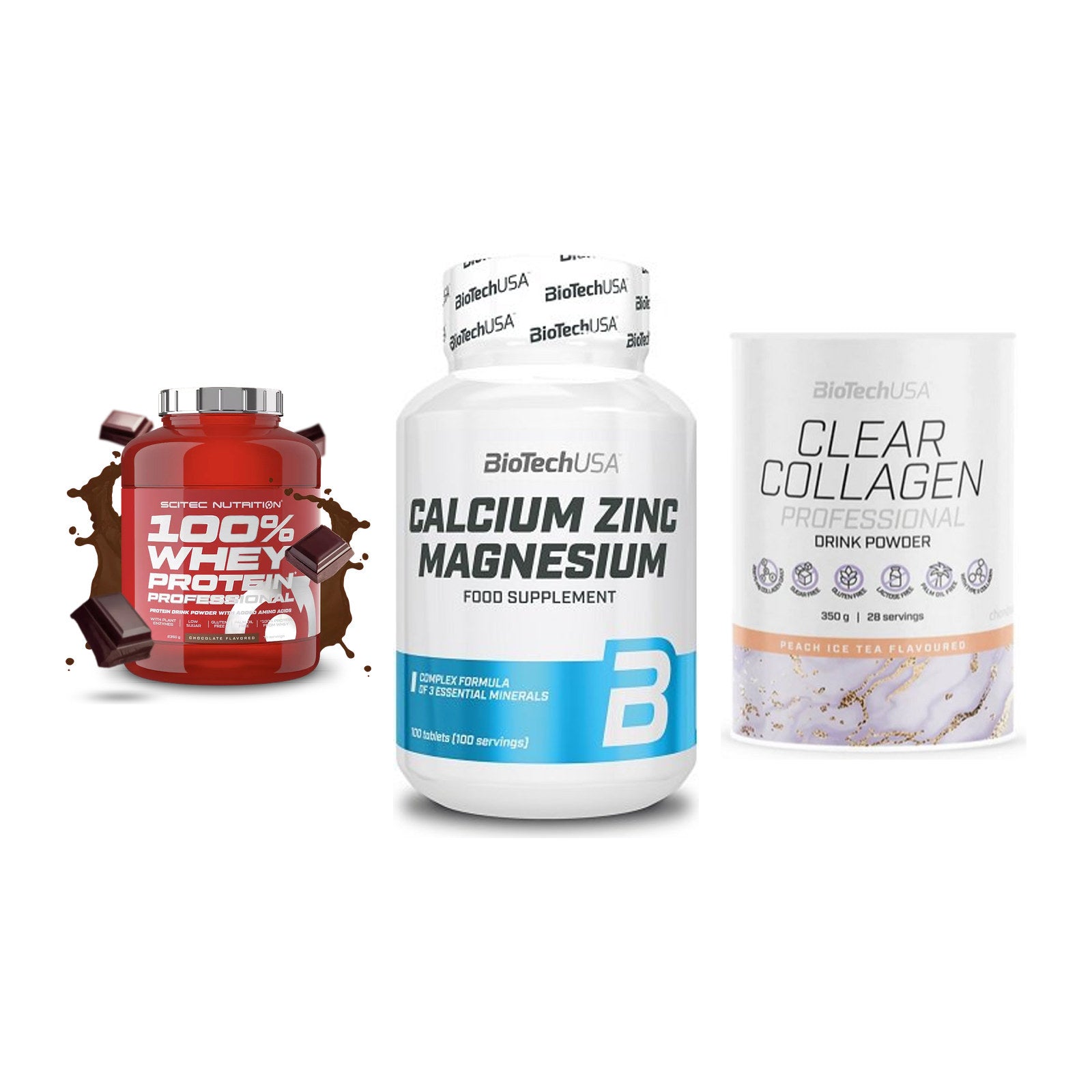 Regenerations-Set: Scitec 100% + BioTech Calcium + BioTech Clear – alle enthaltenen Artikel