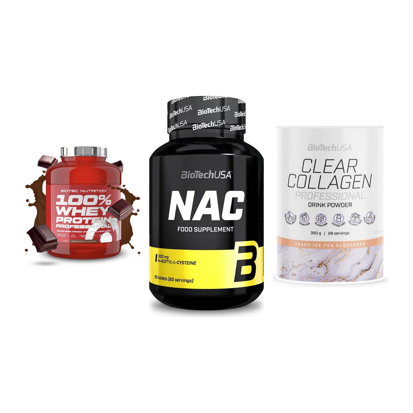 Regenerations-Set: Scitec 100% + BioTech NAC + BioTech Clear – alle enthaltenen Artikel