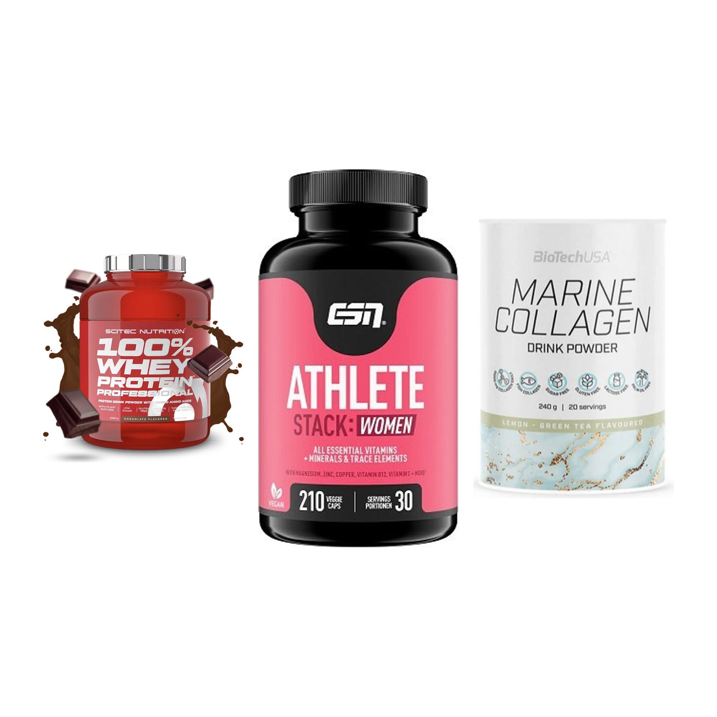 Regenerations-Set: Scitec 100% + ESN Athlete + BioTech Marine – alle enthaltenen Artikel