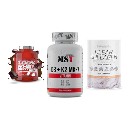 Regenerations-Set: Scitec 100% + MST Vitamin D3 + BioTech Clear – alle enthaltenen Artikel