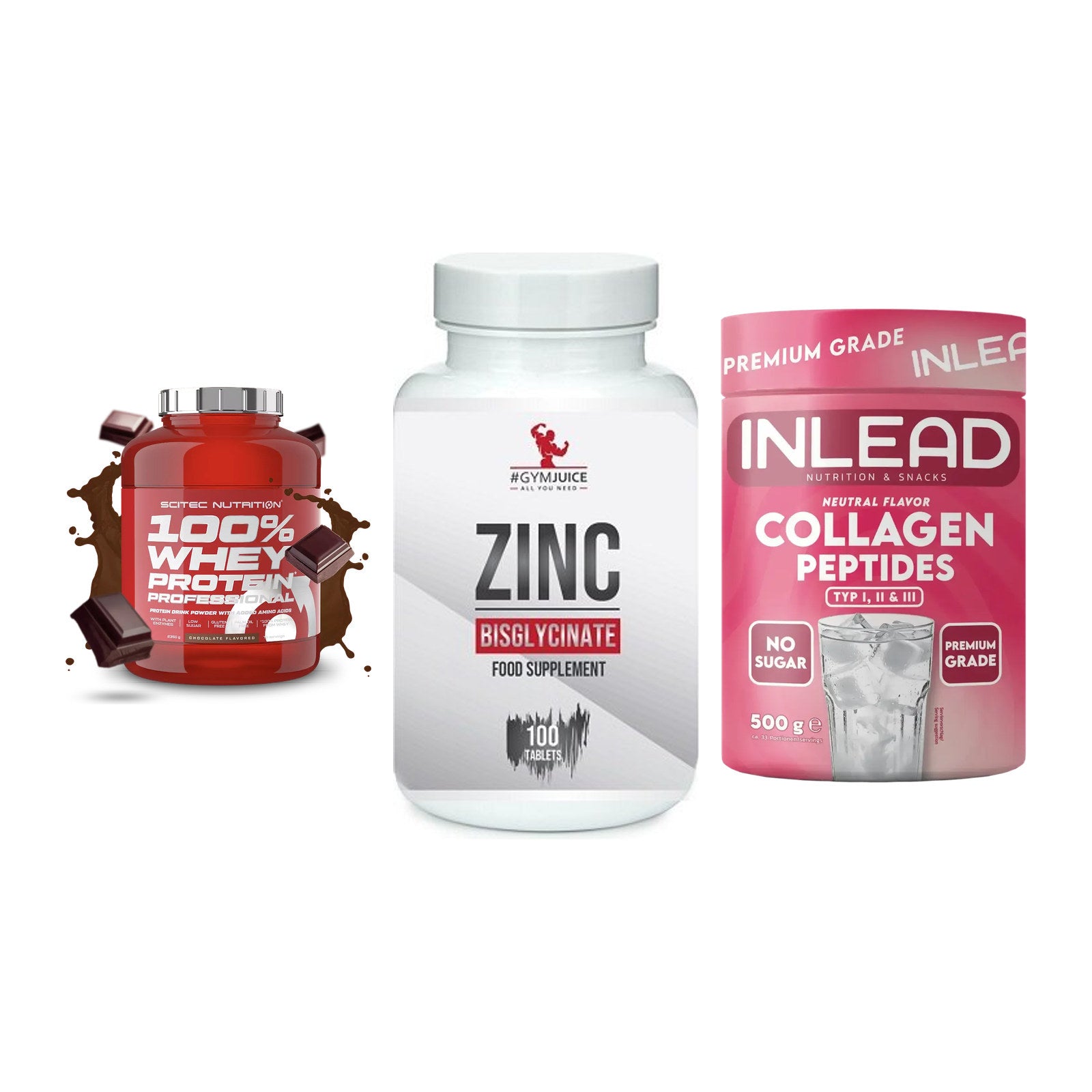 Regenerations-Set: Scitec 100% + #GYMJUICE ZINC + INLEAD Collagen – alle enthaltenen Artikel