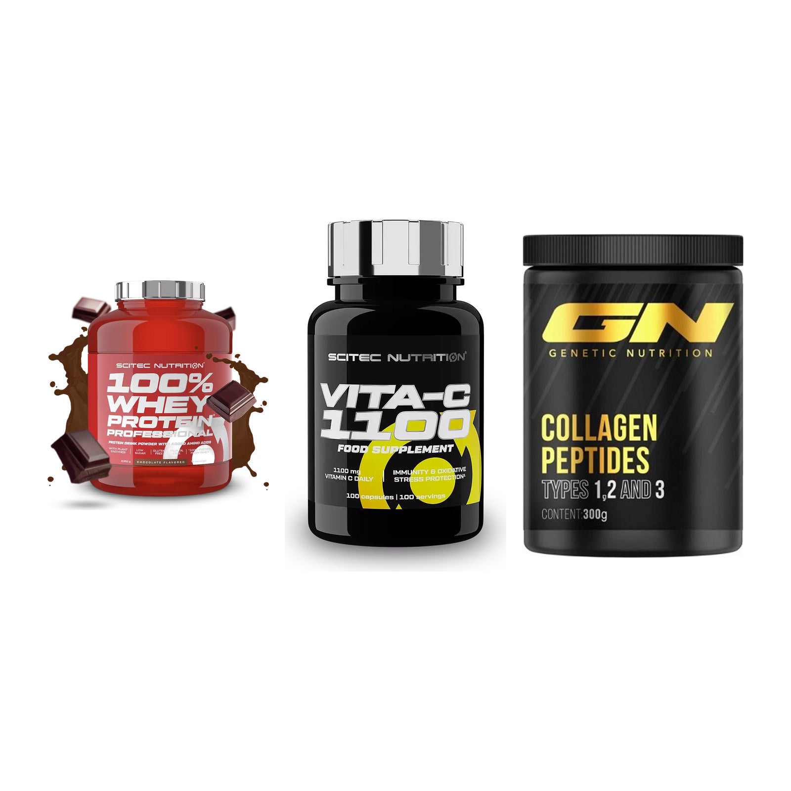 Regenerations-Set: Scitec 100% + Scitec Vitamin + GN Peptan – alle enthaltenen Artikel