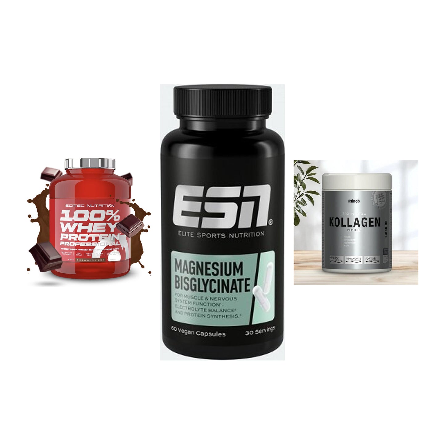 Regenerations-Set: Scitec 100% + ESN Magnesium + Sinob Kollagen – alle enthaltenen Artikel