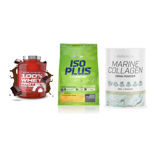 Regenerations-Set: Scitec 100% + Olimp Iso Plus + BioTech Marine – alle enthaltenen Artikel