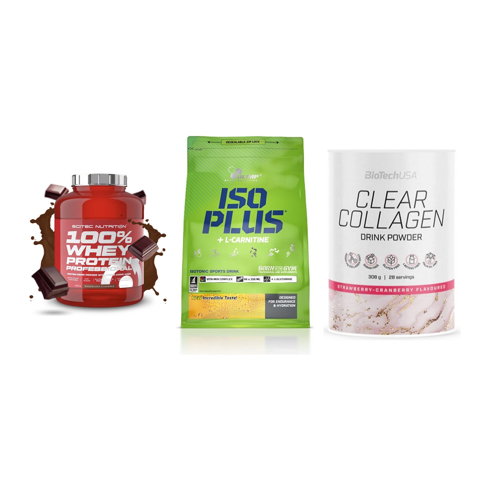 Regenerations-Set: Scitec 100% + Olimp Iso Plus + BioTech Clear – alle enthaltenen Artikel
